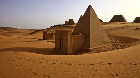 TOPSHOT - This picture taken on April 24, 2018, shows Meroitic pyramids at the archaeological site of Bajarawiya, near Hillat ed Darqab, some 250 kilometers northeast of Khartoum. (Photo by ASHRAF SHAZLY / AFP) (Photo by ASHRAF SHAZLY/AFP via Getty Images)