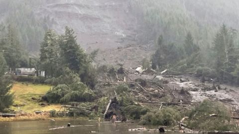 In this image provided by the U.S. Coast Guard is the aftermath of a landslide in Wrangell, Alaska on Tuesday, Nov. 21, 2023.  (U.S. Coast Guard photo via AP)